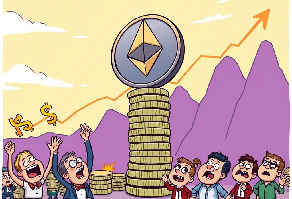 Cartoon depicting a volatile Ethereum price rally with euphoric investors, suggesting a potential market correction.