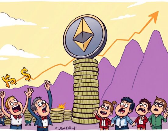 Cartoon depicting a volatile Ethereum price rally with euphoric investors, suggesting a potential market correction.