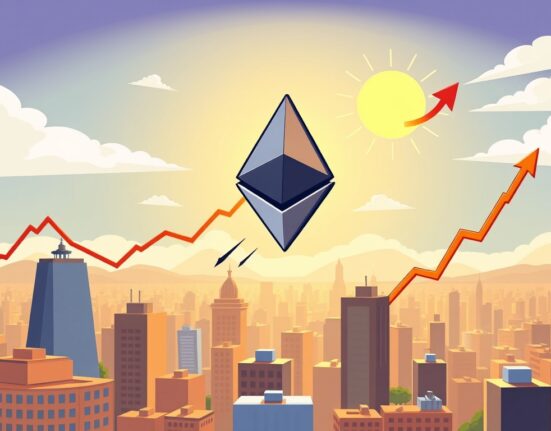 A cartoon illustration showing the significant Ethereum price rally in July, with an ETH-like symbol rising.