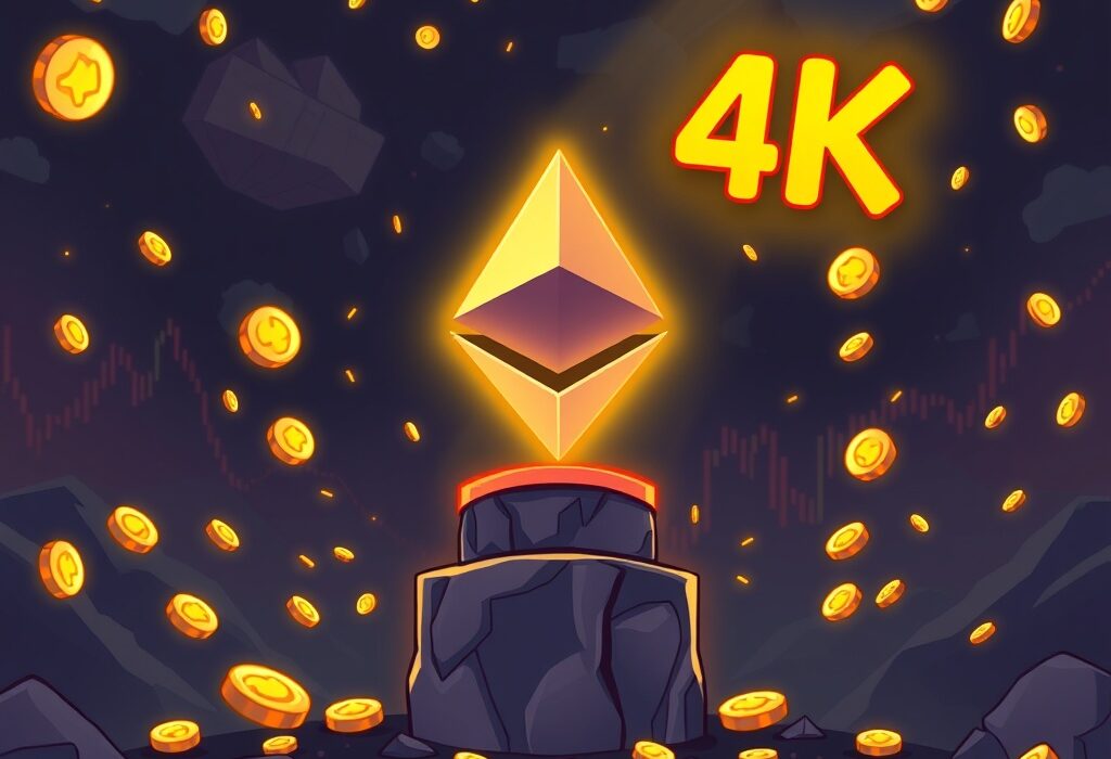 A cartoon illustration showing the Ethereum price holding strong amidst a chaotic market, aiming for the $4,000 mark.