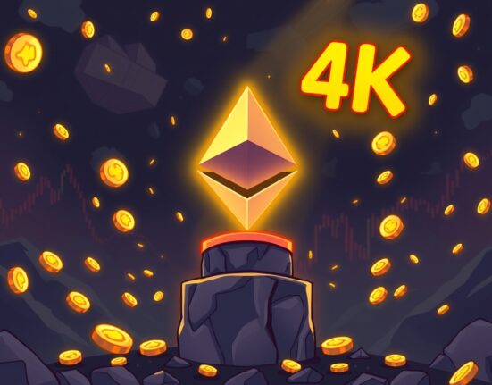 A cartoon illustration showing the Ethereum price holding strong amidst a chaotic market, aiming for the $4,000 mark.