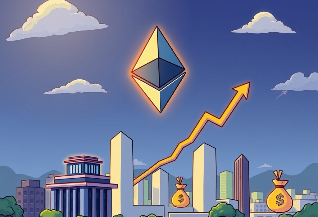 A cartoon illustration symbolizing the predicted surge in Ethereum price due to institutional investment, with an ETH symbol rising above financial buildings.