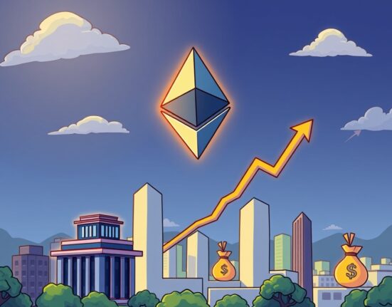 A cartoon illustration symbolizing the predicted surge in Ethereum price due to institutional investment, with an ETH symbol rising above financial buildings.