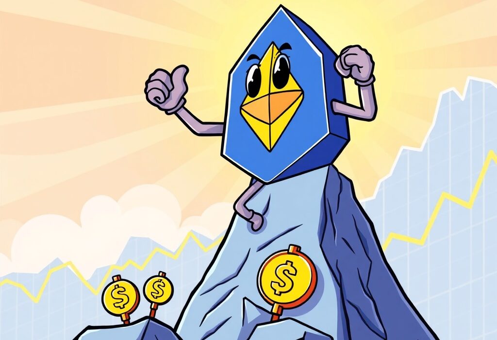 A cartoon Ethereum coin celebrates reaching the $4000 mark, symbolizing the impressive Ethereum price surge in the crypto market.