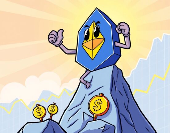 A cartoon Ethereum coin celebrates reaching the $4000 mark, symbolizing the impressive Ethereum price surge in the crypto market.