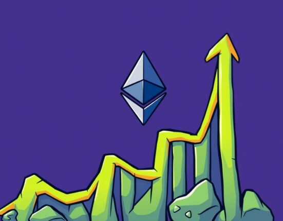 A vibrant cartoon illustration showing the Ethereum price soaring on a chart, symbolizing the recent ETH price surge and positive market momentum.