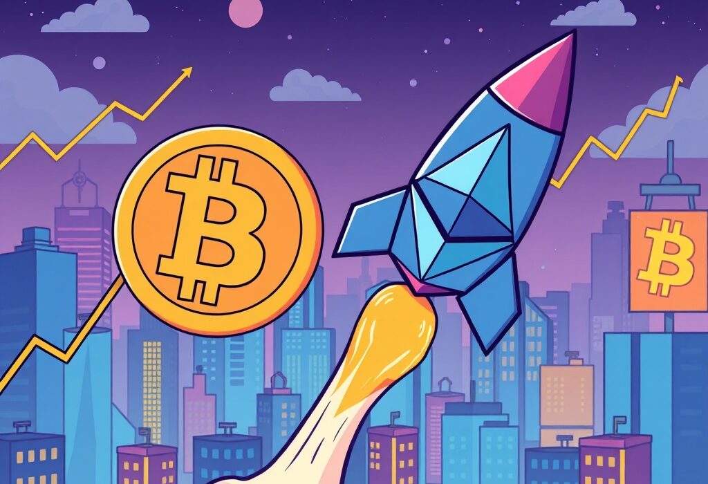 Cartoon illustration of an Ethereum price surge, with an ETH rocket flying high, signifying its robust growth outlook.