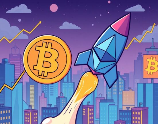 Cartoon illustration of an Ethereum price surge, with an ETH rocket flying high, signifying its robust growth outlook.