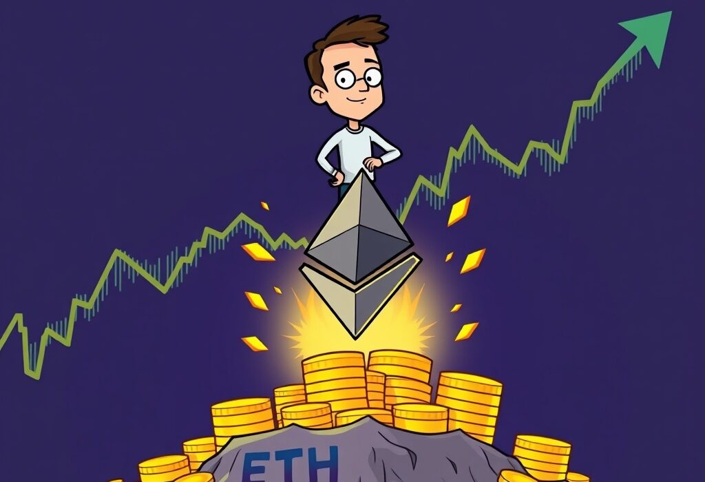 Cartoon illustration of Vitalik Buterin on a rising Ethereum symbol, representing his growing wealth from the surging Ethereum price.