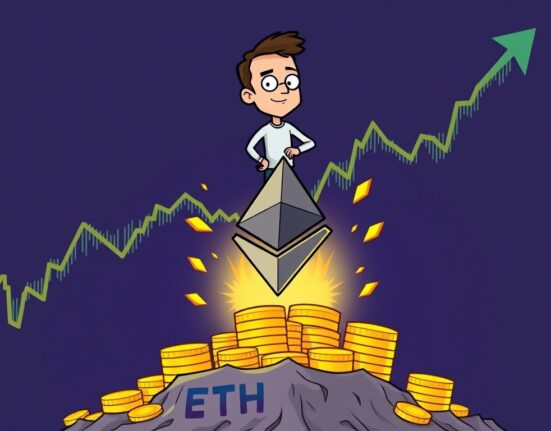 Cartoon illustration of Vitalik Buterin on a rising Ethereum symbol, representing his growing wealth from the surging Ethereum price.