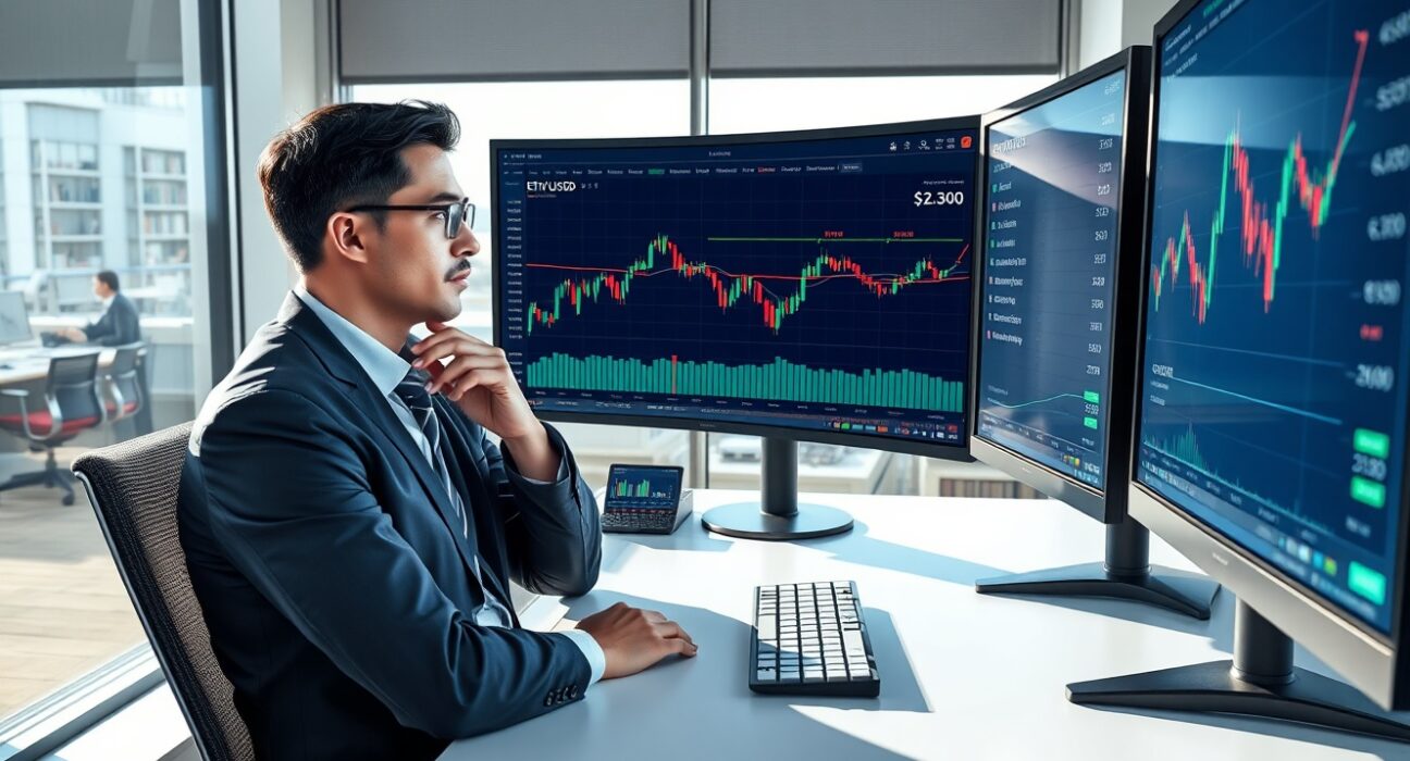 Financial analyst monitoring Ethereum price charts near the critical $2,300 resistance level for investment decisions.