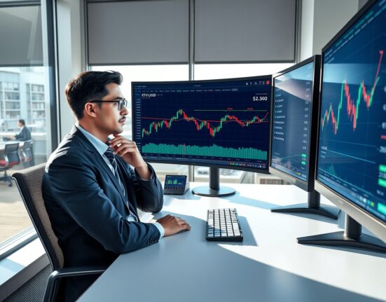 Financial analyst monitoring Ethereum price charts near the critical $2,300 resistance level for investment decisions.