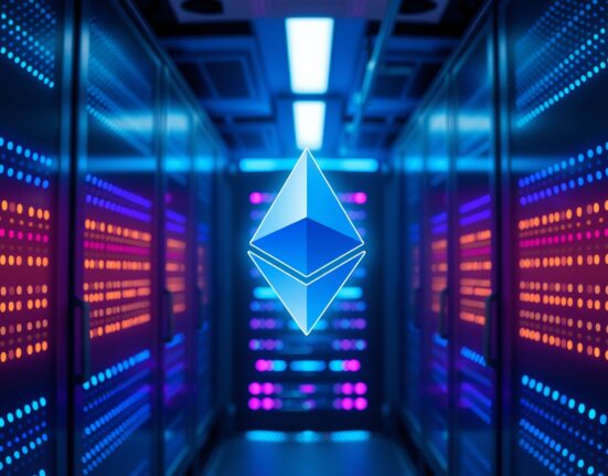 Ethereum blockchain privacy concept with digital lock in server room