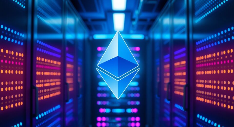 Ethereum blockchain privacy concept with digital lock in server room