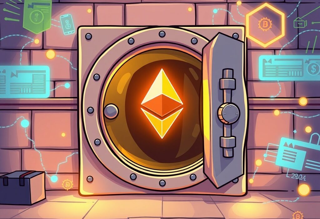 A cartoon image showing a bank vault with an Ethereum logo, symbolizing the need for robust Ethereum privacy issues to enable institutional finance.