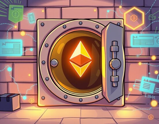 A cartoon image showing a bank vault with an Ethereum logo, symbolizing the need for robust Ethereum privacy issues to enable institutional finance.