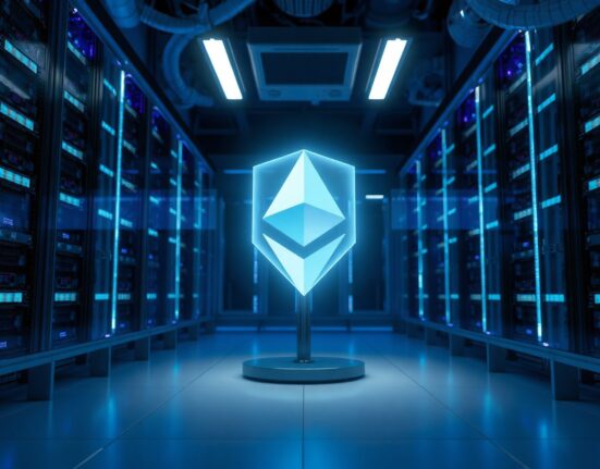 Holographic privacy shield in a modern data center representing Ethereum's EIP-8182 upgrade.