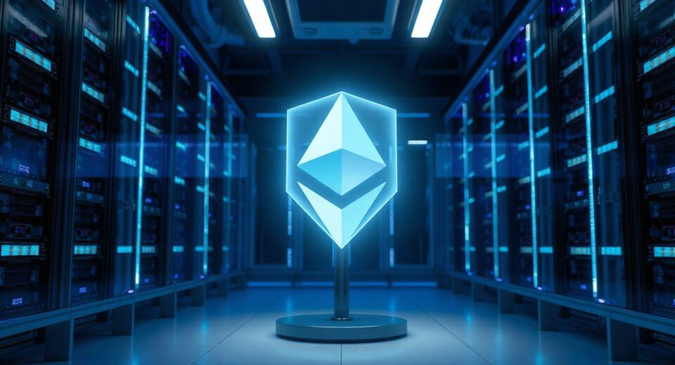 Holographic privacy shield in a modern data center representing Ethereum's EIP-8182 upgrade.