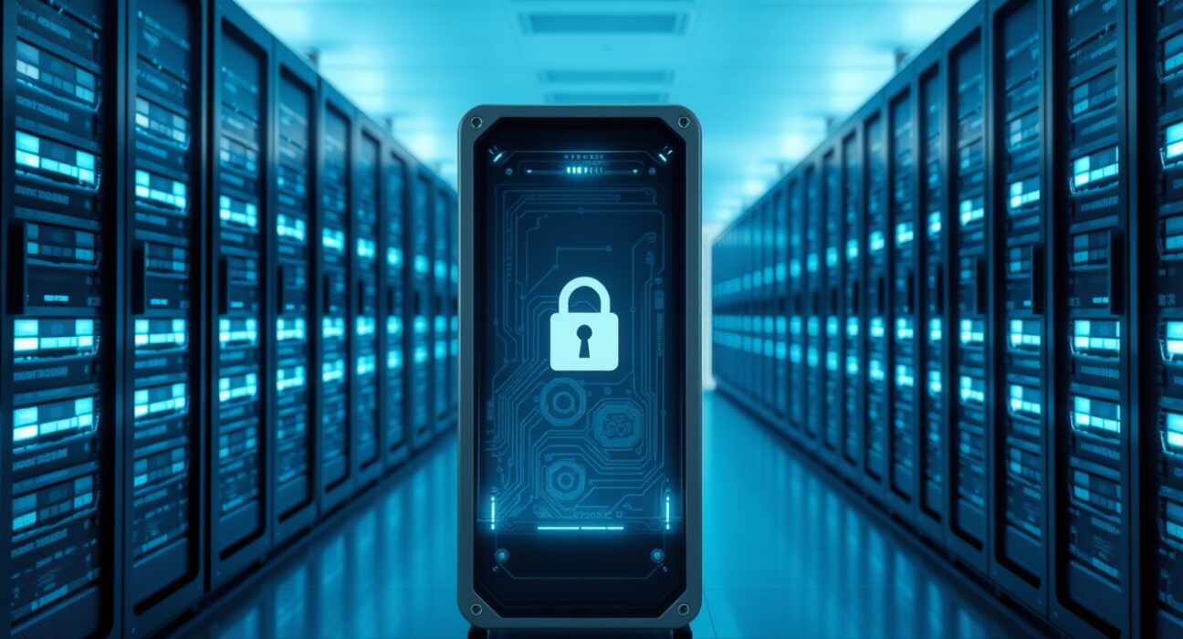 A futuristic validator node in a data center, symbolizing Ethereum staking and privacy.
