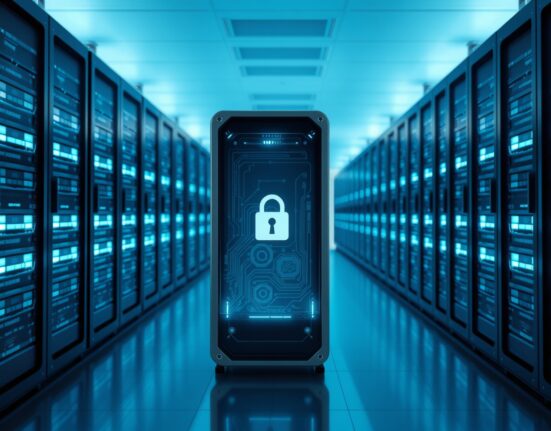 A futuristic validator node in a data center, symbolizing Ethereum staking and privacy.