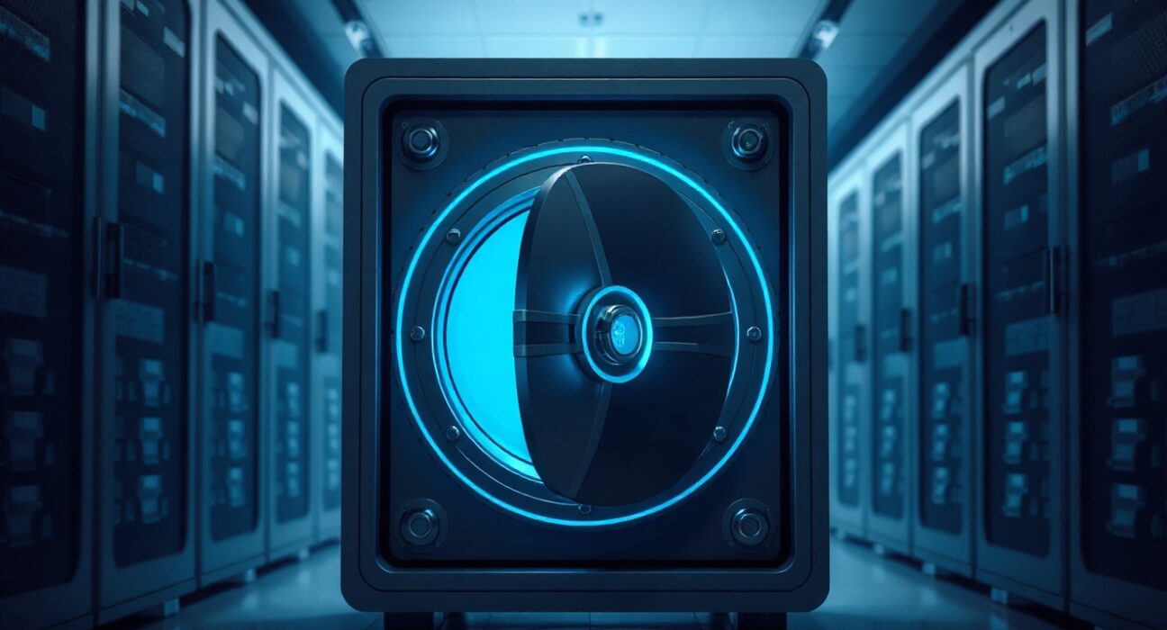 Futuristic digital vault door glowing blue in a secure server room, representing Ethereum privacy upgrades.
