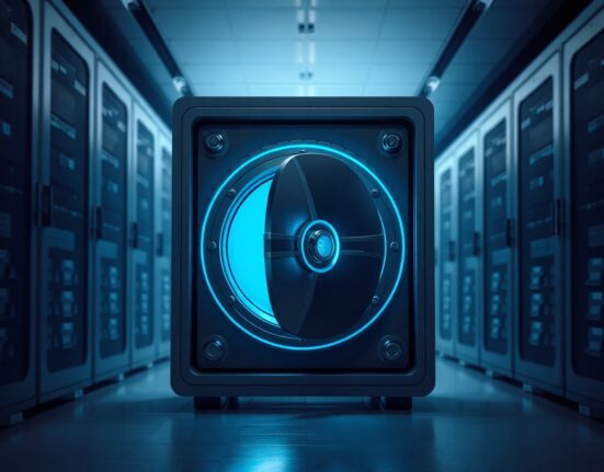 Futuristic digital vault door glowing blue in a secure server room, representing Ethereum privacy upgrades.