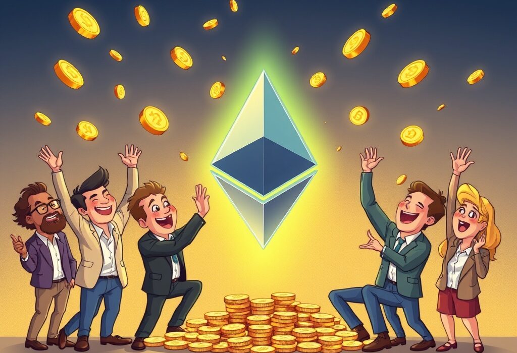 Cartoon investors celebrating significant Ethereum profit realization, symbolizing the success of ETH investors in July.