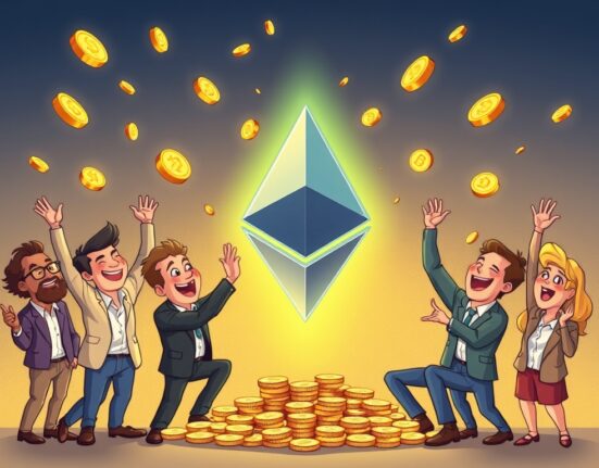 Cartoon investors celebrating significant Ethereum profit realization, symbolizing the success of ETH investors in July.