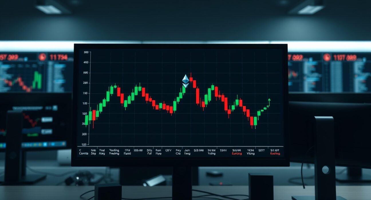 Ethereum price chart showing downward trend with profit-taking spikes highlighted in a trading environment