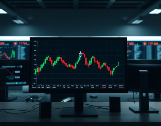 Ethereum price chart showing downward trend with profit-taking spikes highlighted in a trading environment
