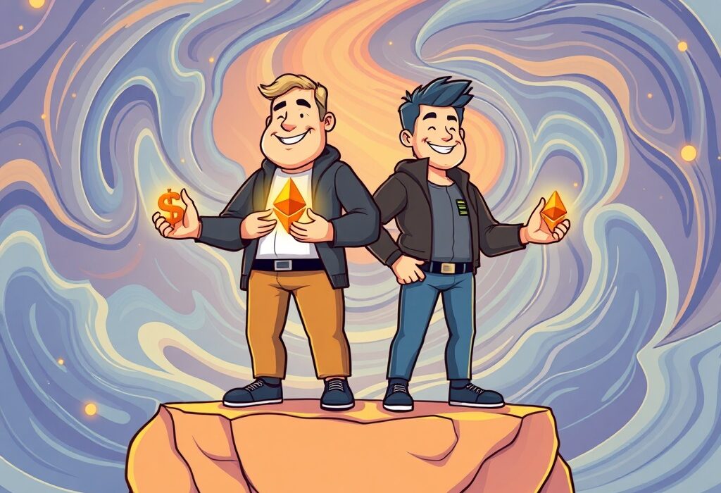 Cartoon illustration of two strong, stable figures representing Bitmain and SharpLink Gaming, standing firm amidst a volatile crypto market, symbolizing their Ethereum profitability.