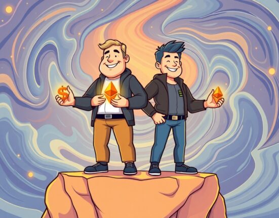 Cartoon illustration of two strong, stable figures representing Bitmain and SharpLink Gaming, standing firm amidst a volatile crypto market, symbolizing their Ethereum profitability.