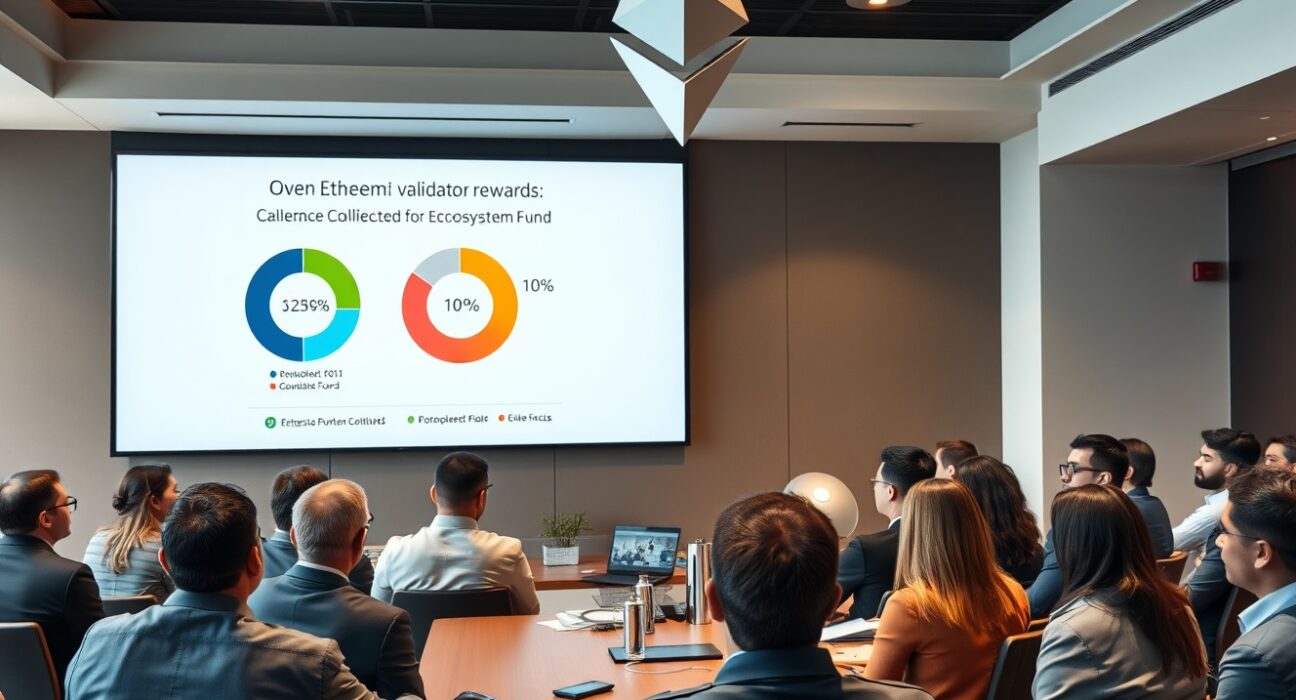 Ethereum governance meeting with a digital screen showing a 10% allocation from validator rewards to an ecosystem fund.