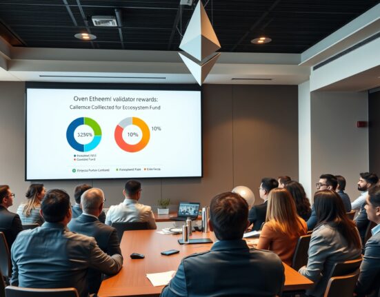Ethereum governance meeting with a digital screen showing a 10% allocation from validator rewards to an ecosystem fund.