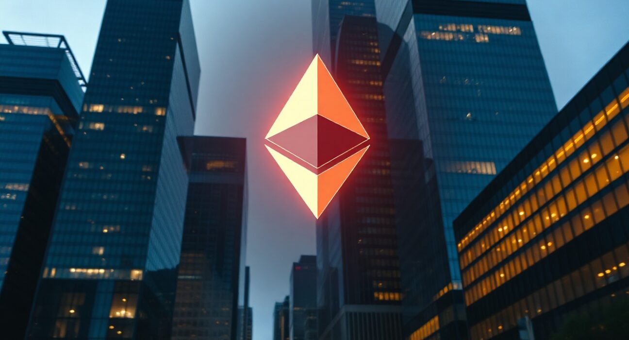 Ethereum-themed digital symbol integrated into a city skyline at dusk, representing the network's financial impact.