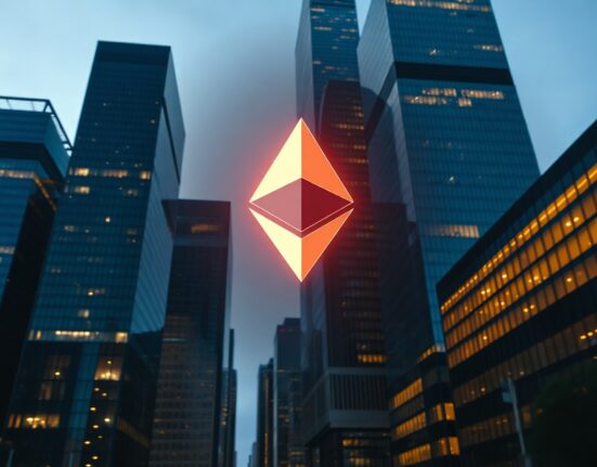 Ethereum-themed digital symbol integrated into a city skyline at dusk, representing the network's financial impact.