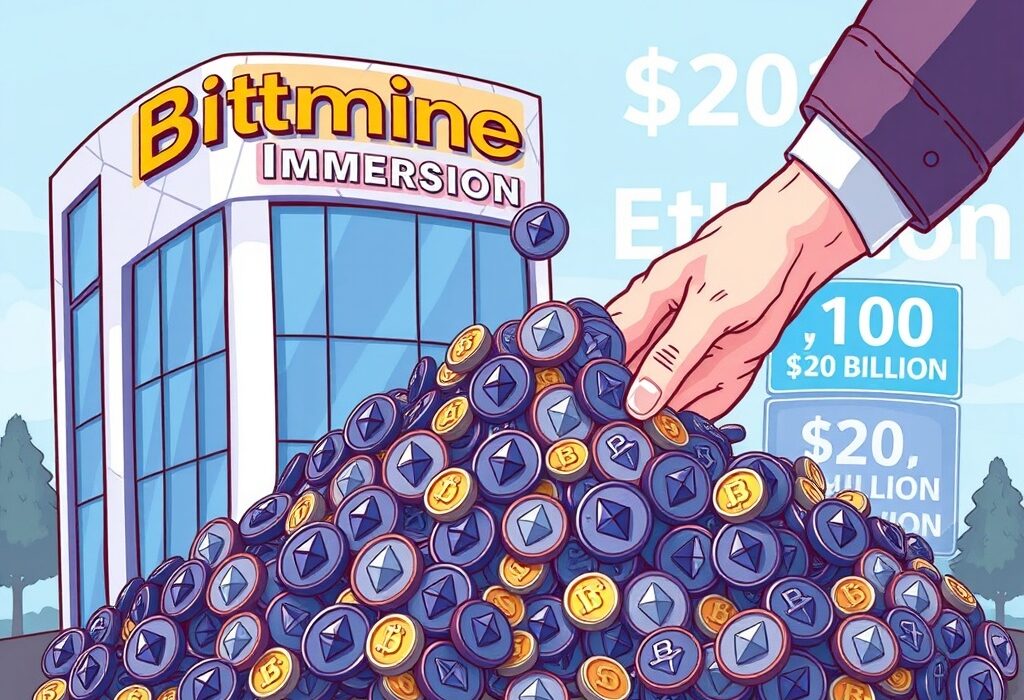 A cartoon illustration showing Bitmine Immersion's massive Ethereum purchases and ambitious $20 billion funding goal.