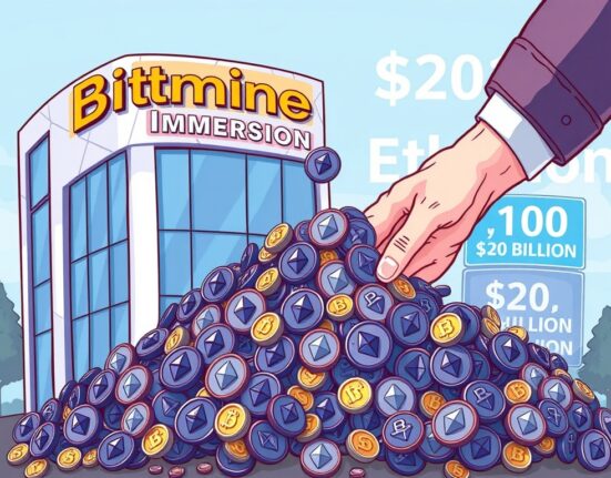 A cartoon illustration showing Bitmine Immersion's massive Ethereum purchases and ambitious $20 billion funding goal.