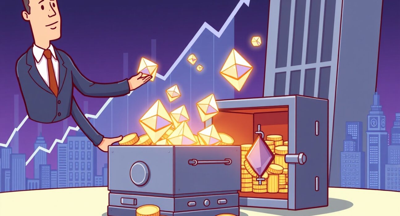Cartoon showing a firm making significant Ethereum purchases, indicating strong institutional confidence in the asset's long-term value.