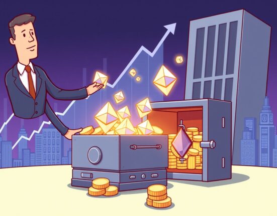 Cartoon showing a firm making significant Ethereum purchases, indicating strong institutional confidence in the asset's long-term value.