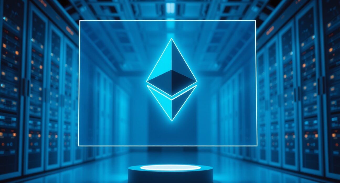 Ethereum symbol displayed in a modern data center, representing the network's quantum resistance planning.