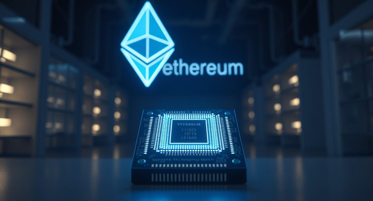 Quantum computer processor chip with Ethereum hologram in high-tech lab