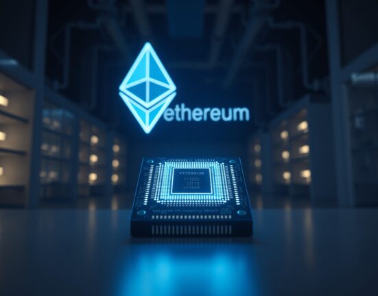 Quantum computer processor chip with Ethereum hologram in high-tech lab