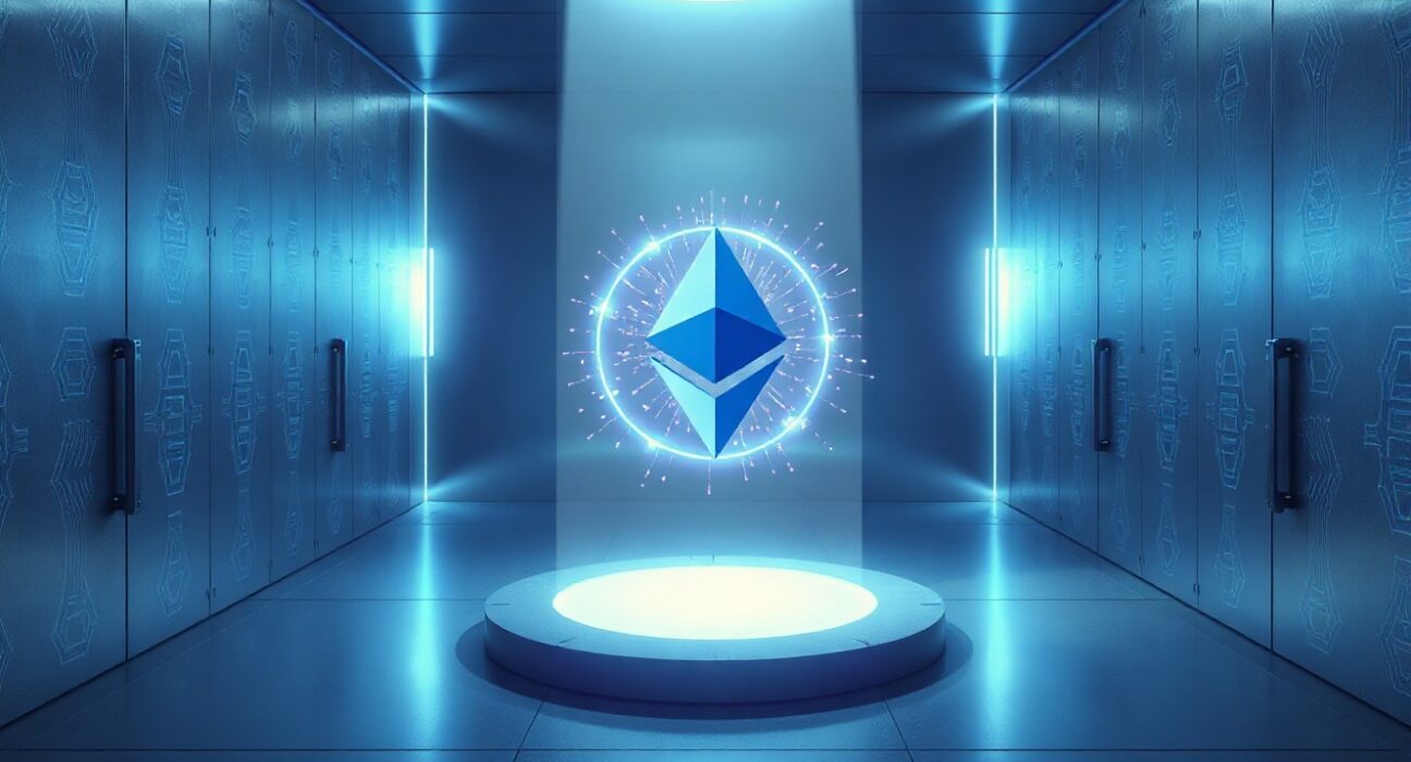 Futuristic digital vault with glowing Ethereum logo and holographic quantum-resistant key