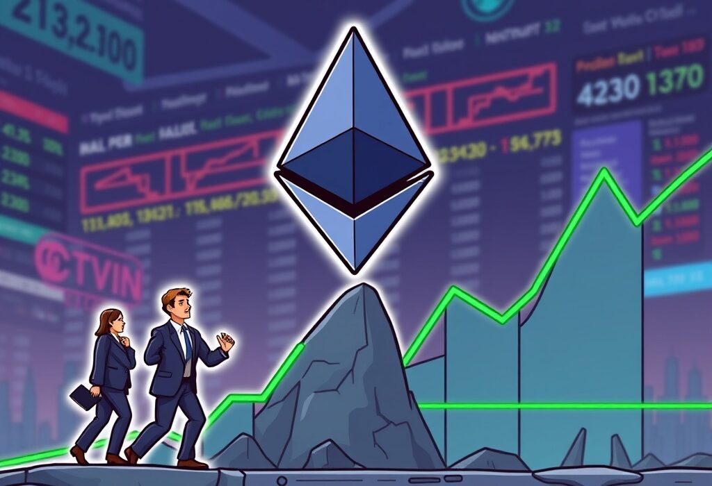 A cartoon illustration showing the Ethereum rally supported by institutional investment, highlighting critical market dynamics.