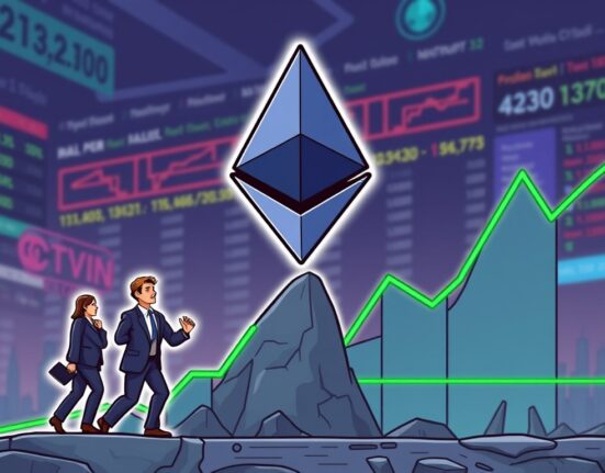 A cartoon illustration showing the Ethereum rally supported by institutional investment, highlighting critical market dynamics.