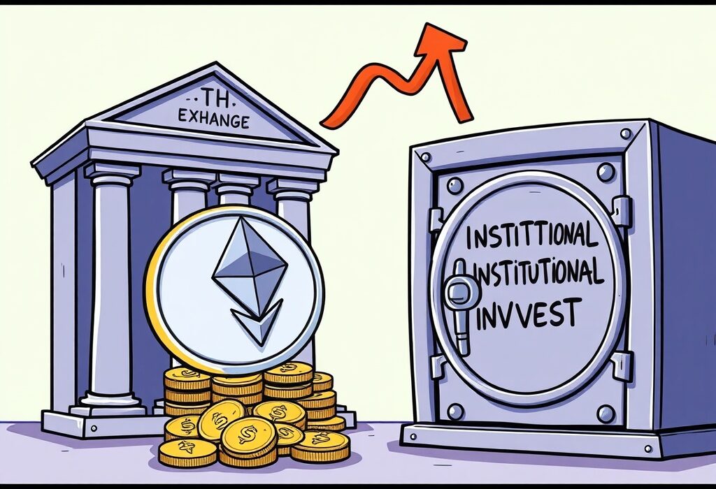 Cartoon showing institutional investors preparing for an Ethereum rally by securing large ETH withdrawals, indicating bullish market sentiment.