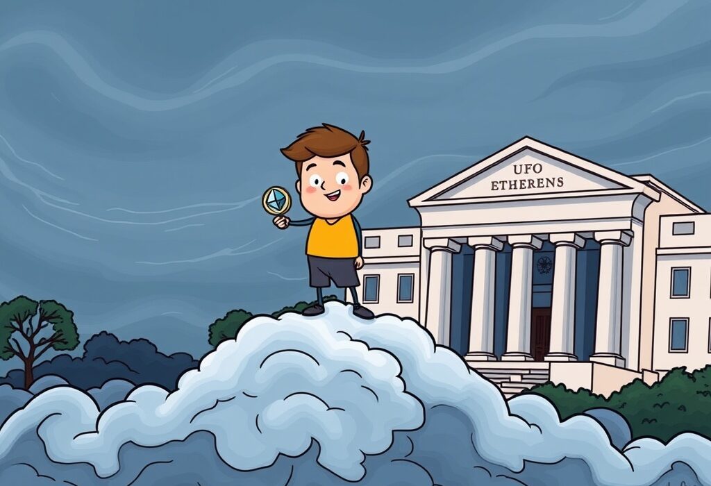 A hopeful cartoon investor stands on an optimistic cloud, unaware of the looming economic storm and uncertain US rate cuts, illustrating the caution for Ethereum investors.
