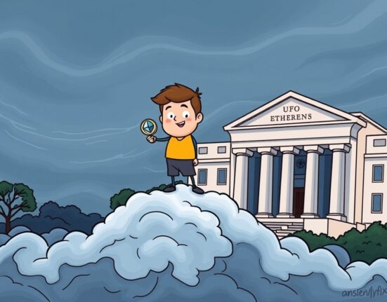 A hopeful cartoon investor stands on an optimistic cloud, unaware of the looming economic storm and uncertain US rate cuts, illustrating the caution for Ethereum investors.