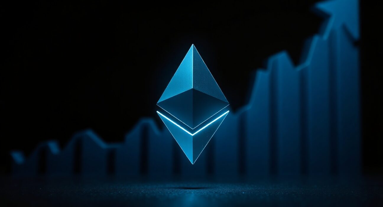 Ethereum logo against a dark digital background with upward momentum, representing a price recovery.